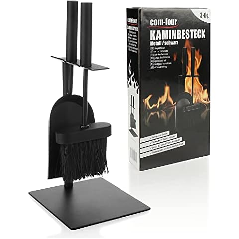com-four® 3-teiliges Kaminbesteck in schwarz in kompakter Größe aus Metall Cover