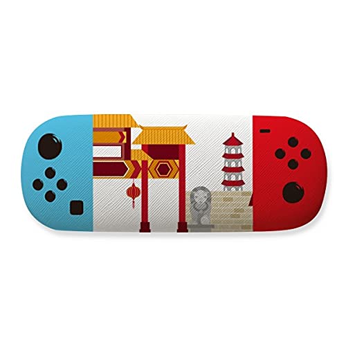 Étui de rangement pour lunettes motif lion et architecture chinoise en tissu rigide