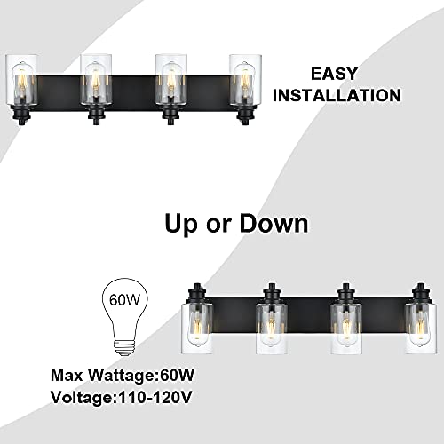 Image of 4-Light Bathroom Vanity Light, 28 inch Black Bathroom Lighting Fixture with Clear Glass Shades, Modern Wall Lamp for Bathroom Mirror, Bedroom, Hallway, Living Room, Cabinet