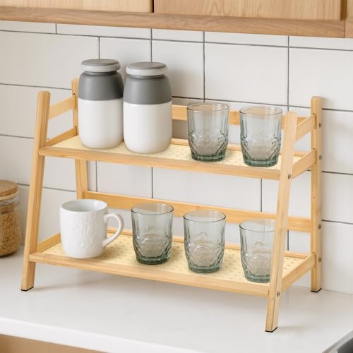 Starvortex Estantería Cocina de 2 Niveles, Organizador Armario Cocina de Bambú Natural, Organizador Despensa de Madera para Café Té Matcha, Estante de Mesa Accesorios para el Hogar