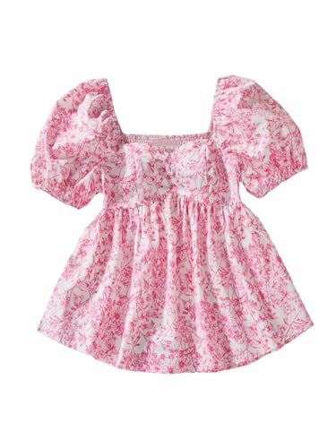 Girl's Floral Puff Sleeve Smocked Blouses Shirts Sweetheart Neck Babydoll Peplum Top