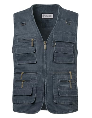 KTWOLEN Homme Multi-Poches Gilet de Pêche Voyage Gilet de Photographe Gilet de Plein air Veste sans Manches Gilet de Chasse Journaliste, Bleu, L