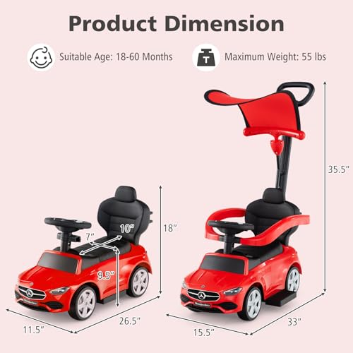 Image of Licensed Mercedes Benz Push Car for Toddlers by INFANS, 3 in 1 Sliding Walking Car with Push Handle, Horn, Music, Underneath Storage, Foot-to-Floor Ride on Toys for Boys Girls, Red