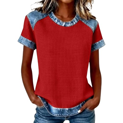 T-Shirt Patchwork Denim Femme haut manches courtes col rond vintage chic