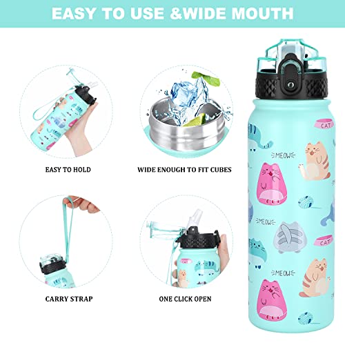GOPPUS 600ml/20oz Stainless Water Bottle with Straw Double Wall Insulated Bottles with Strap One Hand Open Vacuum Thermal Flask Leakproof Keep Cold Bottles with Flip Top Lid BPA Free (Green Cat) - Image 4