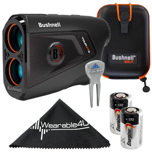 Bushnell Golf Tour V7 Shift Patriot Pack Laser Rangefinder w/Tour Trusted Slope Technology, Dual Color Display, Yardage Range Recall, 6X Magnification, Lens Cloth & 2X CR2 Batteries Wearable4U Bundle