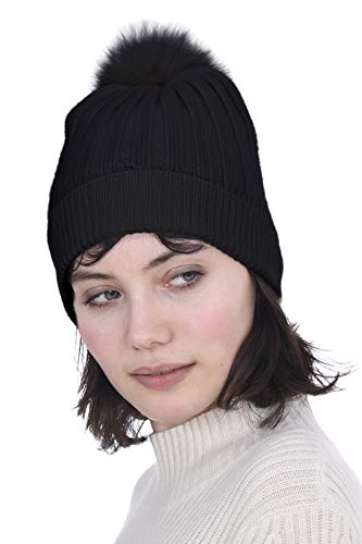 Cashmeren Women's Real Fur Pom-Pom Beanie 100% Pure Cashmere Cuffed Brim Hat Ultra-Soft and Warm...