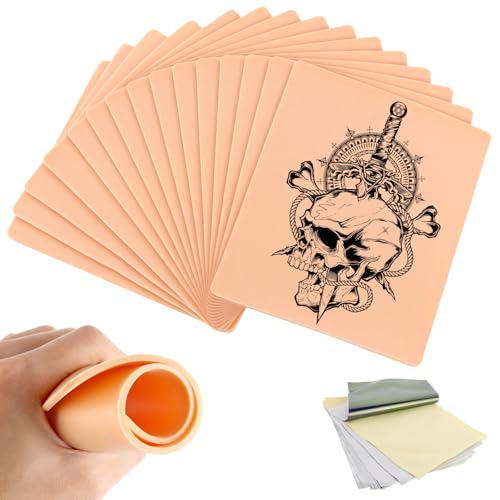 LOPYXBR 15 tatuajes de piel sintética de 3 mm de grosor, 15 x 20 cm, con 20 piezas de papel de transferencia de silicona, para practicar tatuajes para principiantes y experimentados
