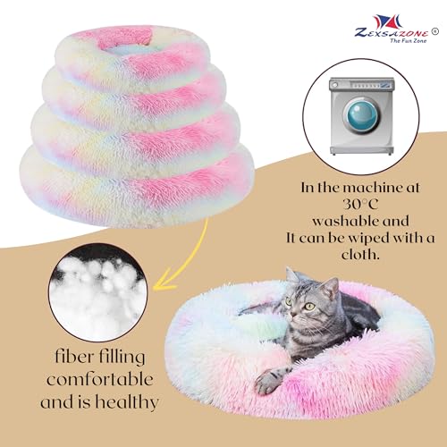 Image of ZEXSAZONE Summer Small Cat Bed Donut Shape for Kittens & Small Dogs | Soft Plush Washable Puppy Bed |Raised Sides for Head & Neck Support | Reversible 2-in-1 Pet Cushion Rainbow