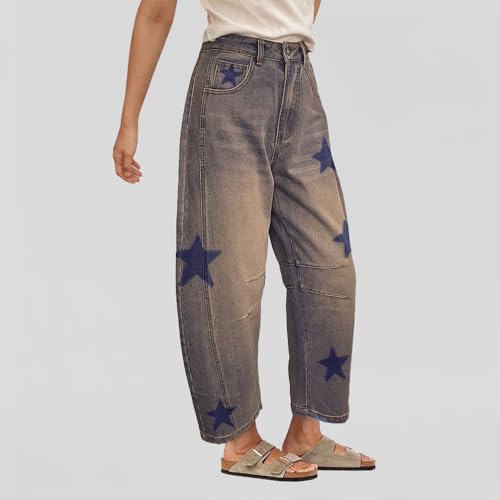 Barrel Jeans for Women Baggy Star Printed Horseshoe Jeans Mid Rise Wide Leg Cropped Ankle Denim Pants2