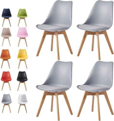 Image of mcc direct Set of 4 Retro Dining Chairs with Wooden Legs, Soft Cushion Pad - Stylish Lounge & Office Chair - Eva (Grey)