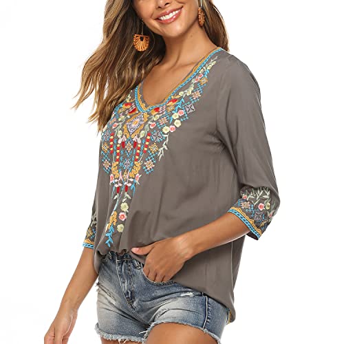 Seasonal Damen Stickerei Bluse Bohemian Herbst Tunika Bestickte Folklore Blusen Hippie Blumenmuster Oberteil 3/4 Arm Lose Tops (Medium, 054-Grau)