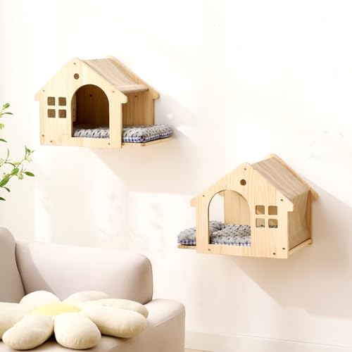 SHENGOCASE Natural Wood Cat Wall Shelves Bed, 2-Pack, Wall-Mounted Box