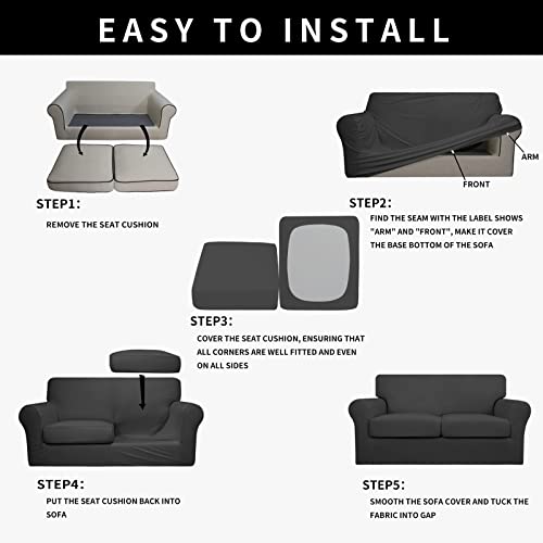 Image of Easy-Going Waterproof 3-Piece Oversized Loveseat Couch Covers for Sofa | 3-Piece Set Spandex Sofa Cover Slipcover Elastic Bottom Dog Pet Friendly Dark Gray