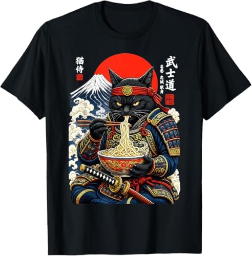 Samurai Col Gololl Black Cat Samurai Eats Ramen T-shirt humoristique Guerrier félin ...