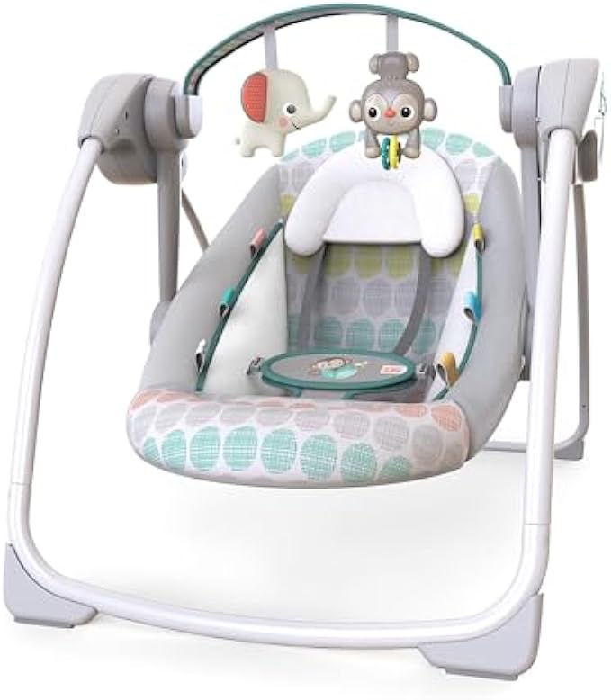 Bright Starts Portable Automatic 6-Speed Baby Swing with Adaptable Speed, Taggies, Music, Removable-Toy-Bar, 0-9 Months 6-20 lbs (Whimsical Wild)