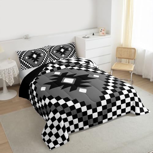 Image of Feelyou Aztec Bedding Set Soft for Boys Girls, Black White Checkered Comforter Set Full Size Boho Western Decor Duvet Quilt Microfiber Farmhouse Bedroom Decor 3 Pcs with 2 Pillow Cases