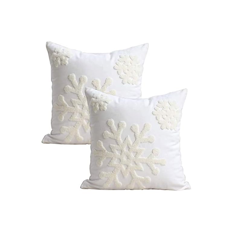 Elife 18x18 Soft Canvas Christmas Winter Snowflake Style Cotton Linen Embroidery Throw Pillows Covers w/Invisible Zipper for Bed Sofa Cushion Pillowcases for Kids Bedding (1 Pair, White)