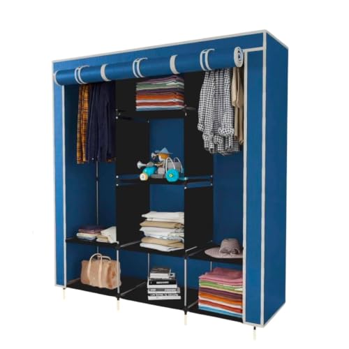 Image of Collapsible Wardrobe Closet for Clothes Storage, 8 Shelf Portable Fabric Almirah, Foldable Clothes Organizer with Plastic Frame, Space Saving Cupboard for Bedroom (Blue)