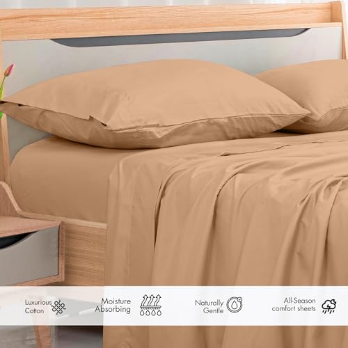 Image of Royale Linens 300 Thread Count 100% Long Staple Combed Cotton Flat Sheet - Super Soft - Top Sheets - Full Flat Sheet Sold Separately - Breathable, Cool & Crisp Percale Sheets Only (Twin XL, Sand)