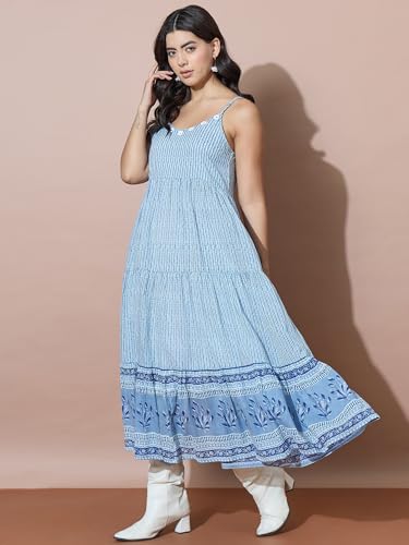 Image of Varanga Women Blue Striped Flowy Dress with Traditional Block Print Inspired Border Accents