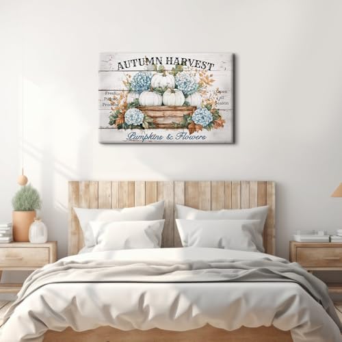 Image of Large Flowers Pumpkin Wall Art Fall Decorations for Home Living Room Wall Decor, Farmhouse Blue and White Hydrangea Floral Poster Canvas Prints Vintage Autumn Harvest Painting Artwork 32x48 inch