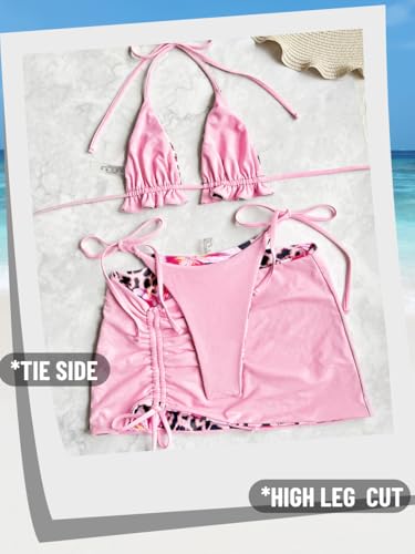 Image of ShawGobow Womens 3 Piece Leopard Bikini Set,Triangle String High Cut Thong Sexy Swimsuit & Coverup Skirt,Pool Party Outfit