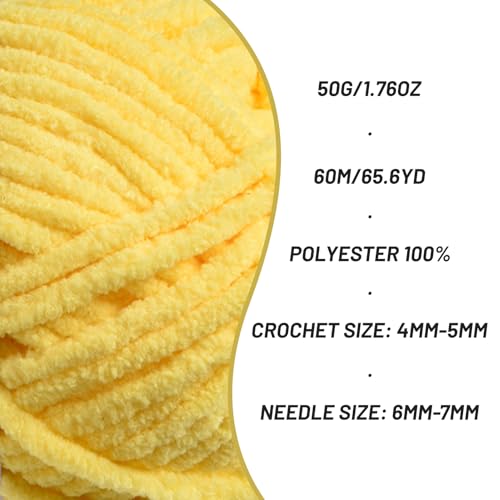 Image of 3 Packs Plush Chenille Chunky Crochet Yarn - Baby Yarn for Crocheting Soft - Velvet Yarns Knitting for Blankets Crafts - Fluffy Amigurumi Yarns 150g / 196.8yds (3 Yellow)