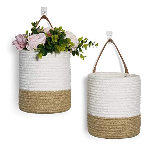 Goodpick 2pack Jute Rope Hanging Basket - Small Woven Fern Wall Hanging Basket Flower Plants, Jute Woven Basket Key Storage Basket, White and Jute 7.87 x 7 x 11.7 inches Cover