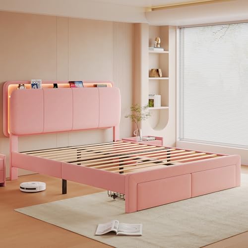 Image of Feonase Queen Upholstered Bed Frame with Headboard and 2 Storage Drawers, Built-in Charging Station, Velvet Platform LED Bed with Solid Wood Slat Support, No Box Spring Needed, Pink