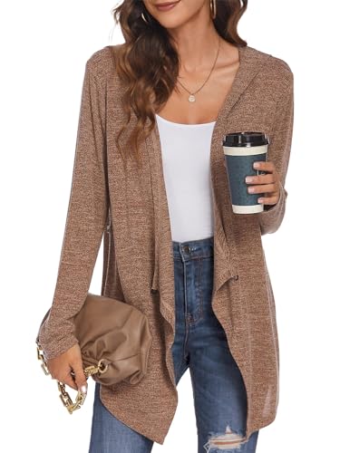 Image of DEESHA Cardigan for Women Sweaters Long Sleeve Open Front Draped Cardigan Lightweight Hooded Cardigan(Khaki, XX-Large)