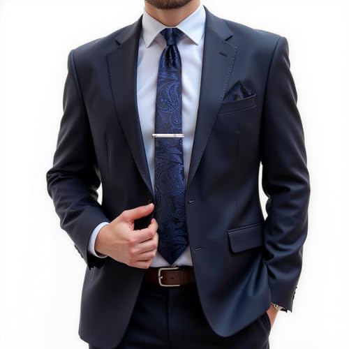 Image of DiBanGu Silk Floral Ties for Men Woven Paisley Necktie and Tie Clip Handkerchief Cufflinks Set for Party Wedding