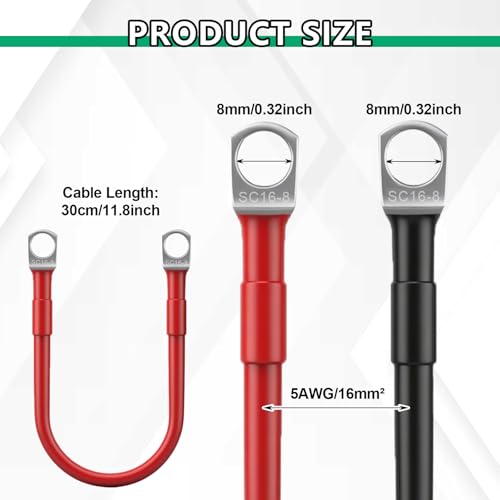 2 Stück Batteriekabel, 16mm² Batteriepoladapter, 12V Kupfer Batterie Kabel mit M8 Ringklemmen, Rot und Schwarz Autobatteriekabel für KFZ, LKW, Motorrad, Wohnmobil, Marine, Solar (M8 16MM² x 30CM)