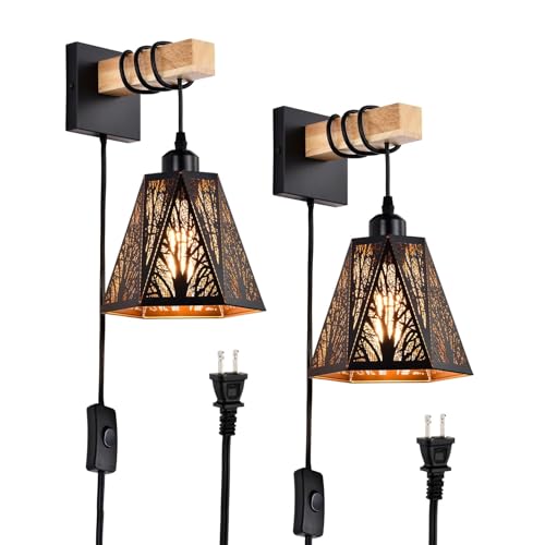 Image of Plug in Wall Sconces Set of 2,Forest Tree Black Rustic Wall Sconces,Farmhouse Metal Wall Mounted Lamp,Industrial Wooden Wall Light fixtures Indoor,Wall Lights for Living Room,Bedroom,Bedside