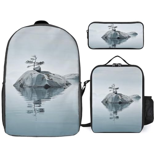 3 Piece Backpack for Women Men Lightweight Causal Daypack Shoulder Bag Set with Insulated Lunch Bag And Pencil Case Organizers Two Rocks in Water