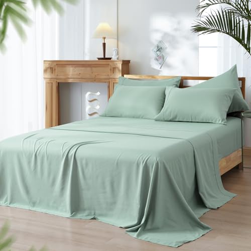 Image of PHF Cooling Sheets Set King Size, Rayon Derived from Bamboo & Polyester, 6PCS Breathable & Wrinkle Free Silky Soft Bed Sheets, Wider Elastic Band, 16" Deep Pocket Bedding Set & Pillowcase, Sage Green