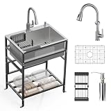 Utility Sink, 25x18 Inch Stainless Steel Freestanding Laundry Sink Practicality With Accessories-Kitchen Faucet,Soap Dispenser, SS Sink Grid, Colander For Laundry,Garage,Outdoor Kitchen,Garden...