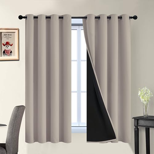 Image of Yakamok Natural Blackout Curtains 63 Inches Long for Bedroom 52 inch Wide 2 PCS | Blackout Curtain Panels for Bedroom, 2 Thick Layers Grommet Top Thermal Insulated Drapes with Black Liner for Living Room
