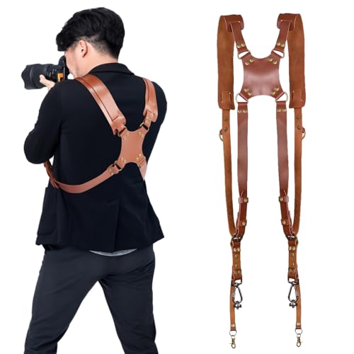 Frdhee Harnais de transport Photographe, Sangle d'appareil Photo pour Deux caméras, Harnais Universel DSLR/SLR en Cuir Marron Classique