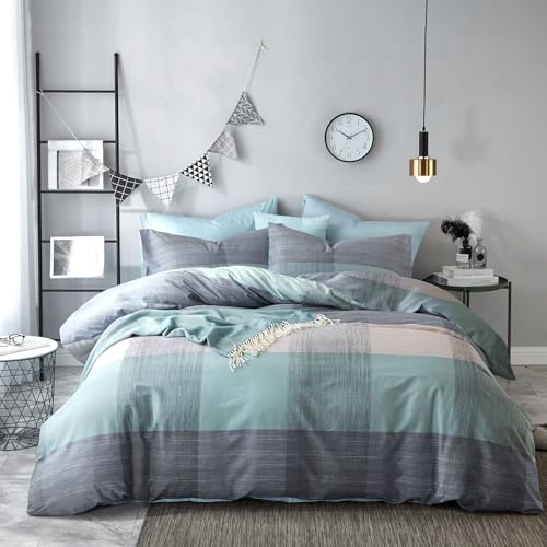 Image of VM VOUGEMARKET Blue Patchwork Duvet Cover Set Queen Multi-Dimensional Design Modern Bedding Set Plaid Mint Green with Stripes Soft Cotton Comforter Cover with Zipper Closure-No Filling