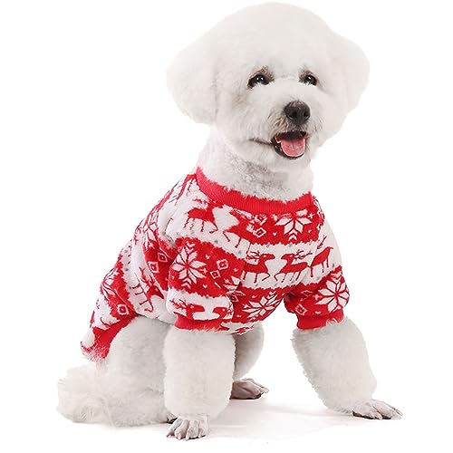 Image of FabriCastle Christmas Dog Sweater, 2-Pack Dog Clothes, Ultra Soft and Warm Pet Jackets for Small Dogs & Cats, Winter Pet Apparel Costumes, Puppy Outfits (Red,Blue, Small)