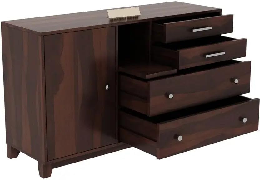 Image of Solid Sheesham Wood Sideboard Cabinet Storage with 2 Door & 4 Drawer Wooden Storage Organizer Cabinet for Home Kitchen Living Room Bedroom Hallway Dinning | Walnut Finish | Pre-Assembled