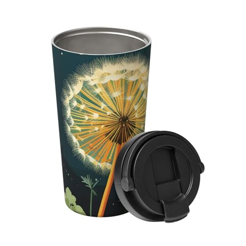 LHCVSFGW Taza de café aislada con asa y tapa a prueba de fugas, vaso de viaje con dientes de león por la noche, acero inoxidable, doble pared, taza de viaje reutilizable para café helado caliente y té