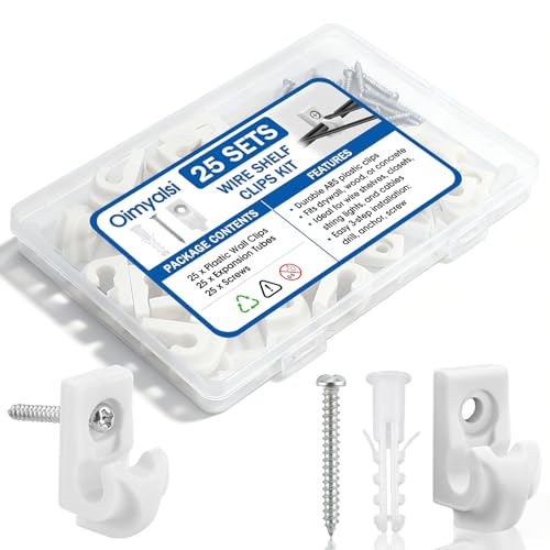 25 Sets Wire Shelf Clips Down Wall Clips with Screws & Anchors - Plastic Heavy Duty Wall Clips for Closet Shelf Brackets Wire Shelving Accessories (White)