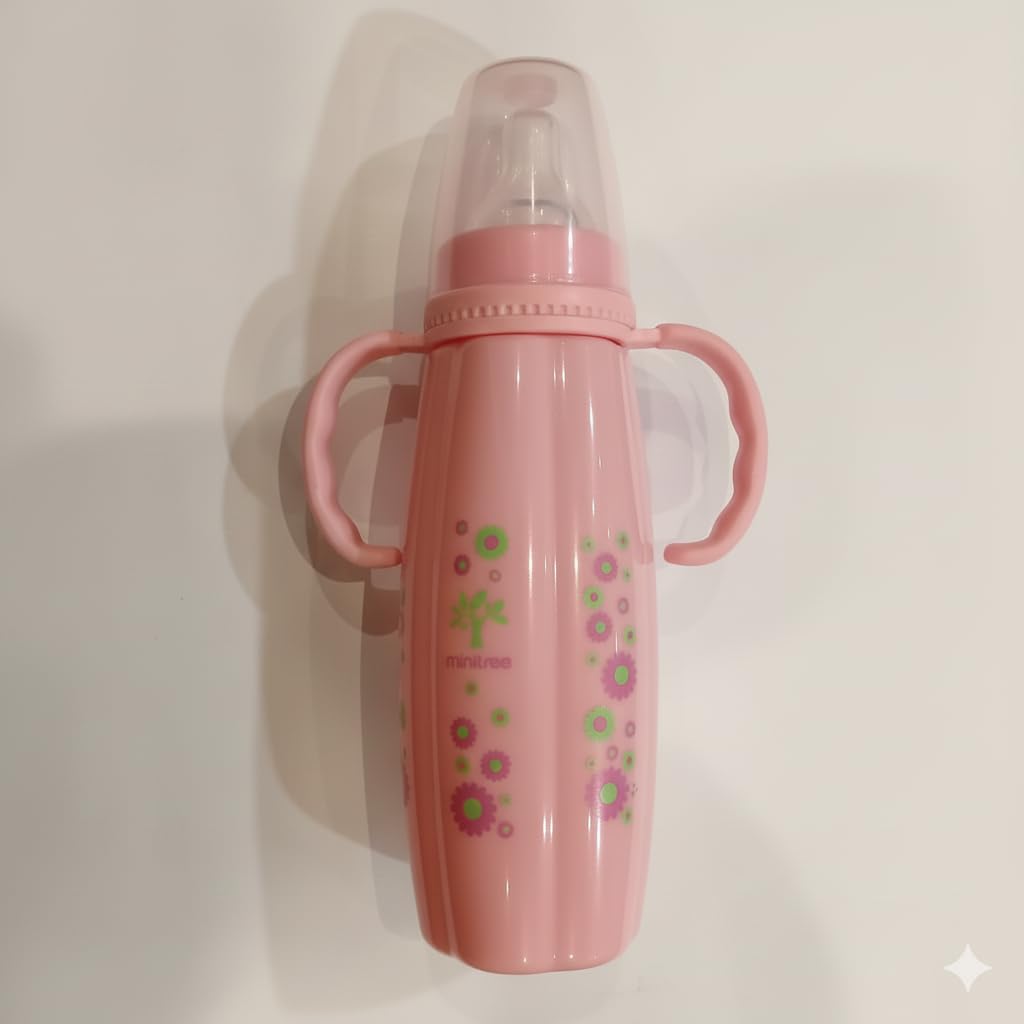 Baby Feeding Bottle with Soft Silicone Nipple Easy-Grip Handles BPA-Free Plastic Clear Volume Markings MT-18 Pink
