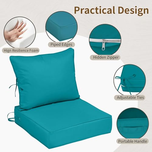 Image of 24x28 Outdoor Chair Cushions Set of 4, Waterproof Deep Seat Cushions for Patio Furniture with Removable Cover, Fade Resistant 4'' Outdoor Seat Cushion with Ties&Handle for Sofa Loveseat,Turquoise