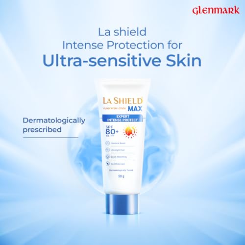 Image of La Shield Max SPF 80+ Sunscreen Lotion | PA++++ | Intense sun protection | For Highly sensitive skin | Moisture Boost Formula | Lightweight | Hydrating Sunscreen | Dermatologist Prescribed | For Men & Women | 50gm