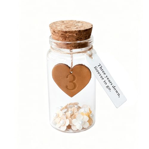 Rimvoe 3 Year Leather Anniversary Keepsake, Leather Heart in Glass Bottle with Message Tag...