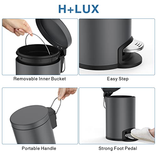 H+Lux Small Trash Can With Lid, Round Garbage Can With Foot Pedal, Removable Inner Wastebasket, Anti-Fingerprint Matt Finish, 0.8Gal/3L, Grey #TOP1