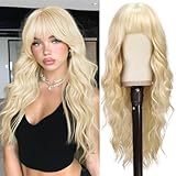 BARSDAR Long Wavy Blonde Wig With Bangs - 26 Inch Long Wavy Blonde Wig with Bangs for Women - Thick Soft Synthetic Hair Replacement Wigs Natural Looking Daily Cosplay Party Halloween